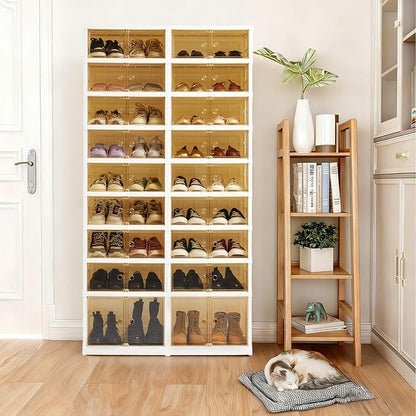LAFORMO Folding Shoe Rack Storage Device,Large Plastic Folding Shoe Cabinet, Easy to Assemble Shoe Rack Storage Cabinet with Transparent Door Magnetic Buckle(9Tiers,36Pairs)