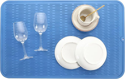 Silicone Dish Drying Mat for Multiple Usage,Easy clean,Eco-friendly,Heat-resistant Silicone Mat for Kitchen Counter or Sink,Refrigerator or Drawer Liner Lichen BlueL 3XL 28 inches x 18 inches