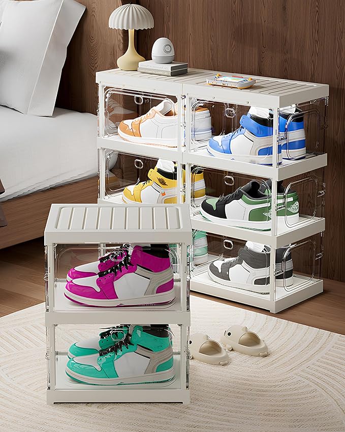 RILBOX X-Large Sturdy Foldable Shoe Rack Sneaker Container Clear Plastic Stackable Space Saving Shoe Storage Boxes Organizers Bin Holder with Lids for Entryway, Closet 6 Tier - 14.0" W Hold 6 Pairs