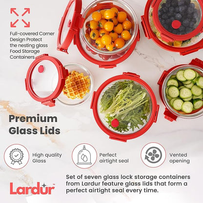 Premium Glass Food Storage Containers with Vented Lids – Set of 7, Various Size Round Borosilicate Glass Meal Prep Containers – BPA-Free, Microwave, Oven Dishwasher & Freezer Safe, Gift Packaged