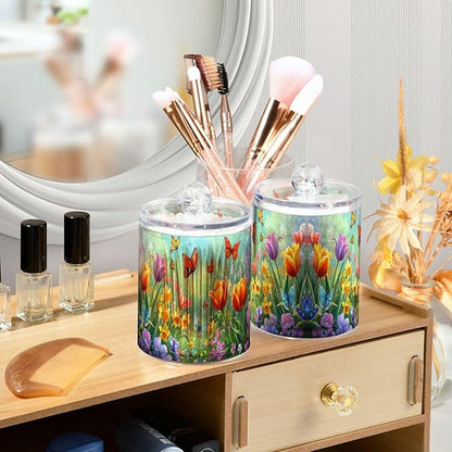 MNSRUU 4 Pack Qtip Holder Organizer Dispenser Easter Garden Tulips Daffodils Bathroom Storage Canister Cotton Ball Holder Bathroom Containers for Cotton Swabs/Pads/Floss