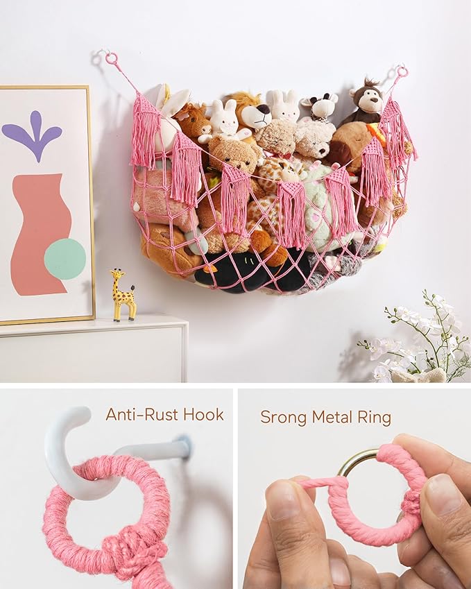 Macrame Stuffed Animal Hammock Toy Storage with Lights - Small Wall Net Toys Storage Stuff Animal Organizer Holder,Pink Room Decor for Teen Girls,Boho Nursery Bedoom Decor Aesthetic