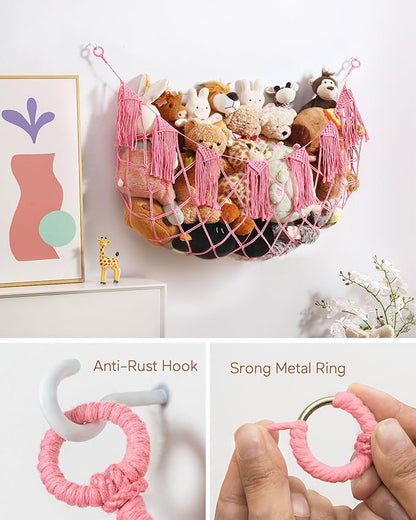 Macrame Stuffed Animal Hammock Toy Storage with Lights - Small Wall Net Toys Storage Stuff Animal Organizer Holder,Pink Room Decor for Teen Girls,Boho Nursery Bedoom Decor Aesthetic