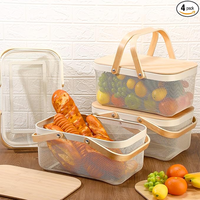 4 Pcs Mesh Steel Basket with Handles and Lids Wire Mesh Basket Garden Baskets for Gathering Vegetables Fruit Harvest Storage Organizer for Kitchen Drying Food(16 Inch,White)
