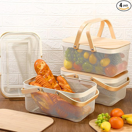 4 Pcs Mesh Steel Basket with Handles and Lids Wire Mesh Basket Garden Baskets for Gathering Vegetables Fruit Harvest Storage Organizer for Kitchen Drying Food(16 Inch,White)