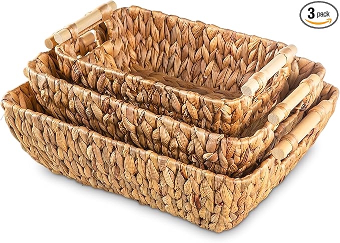 Woven Storage Baskets – Set of 3 Handwoven Water Hyacinth Wicker Baskets with Wooden Handles for Organizing, Decorative Baskets for Laundry Room, Home Decor - Large, Medium & Small