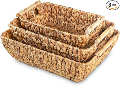 Woven Storage Baskets – Set of 3 Handwoven Water Hyacinth Wicker Baskets with Wooden Handles for Organizing, Decorative Baskets for Laundry Room, Home Decor - Large, Medium & Small