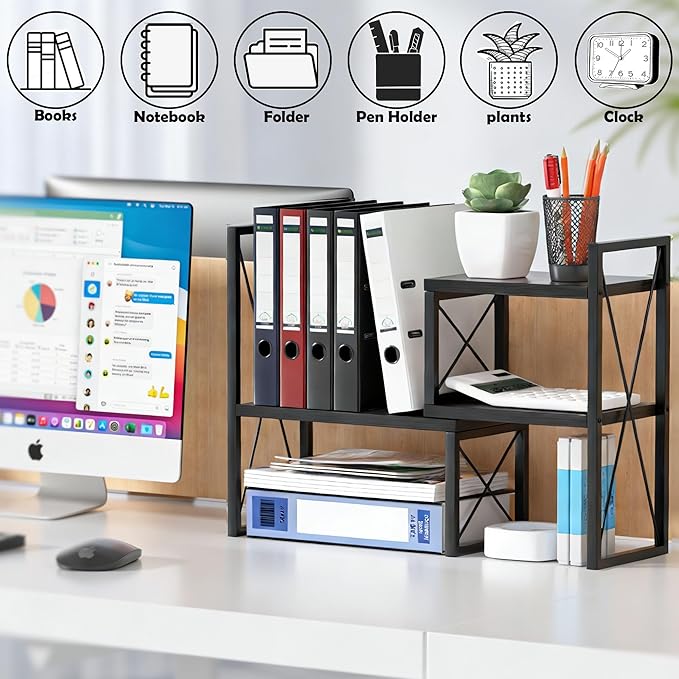 Desktop Shelf Organizer,Small Bookshelf for Office,Wood Desk Top Shelves, Office Organization and Storage (Black)