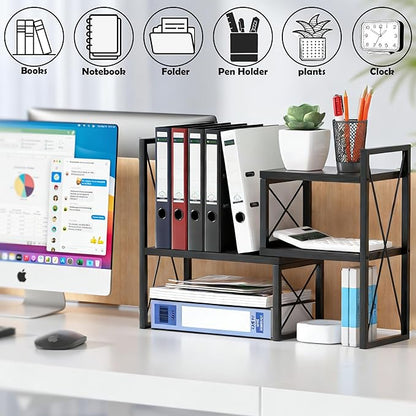 Desktop Shelf Organizer,Small Bookshelf for Office,Wood Desk Top Shelves, Office Organization and Storage (Black)