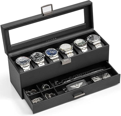 Vlando 6 Slots 2 Layers Watch Case for Men, Watch Box with Glass Lid, Lockable Watch Holder, Business Textured Leather Organizer Display Case, Soft Pillow, Gifts for Fathers, Dad, Husband - Black