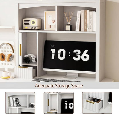 Desktop Shelf, Wooden Desk Hutch with Storage, Desktop Bookshelf with Cabinet and Drawer, Office Desk Organizer, Space-Saving Organization, Over Desk Storage Shelves for Home, Dorm, White