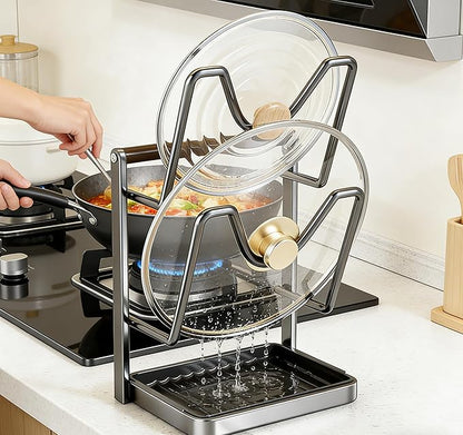 EHZBRCN 1Pc Kitchen Pot Lid Storage Rack, 2026 New Multifunctional Pot Lid Holder with Tray, Double-Layer Pots Lids Pan Organizer, Carbon Steel Kitchen Organizer Stand for Stove Top