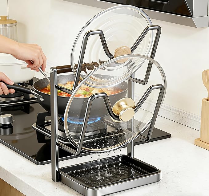 EHZBRCN 1Pc Kitchen Pot Lid Storage Rack, 2026 New Multifunctional Pot Lid Holder with Tray, Double-Layer Pots Lids Pan Organizer, Carbon Steel Kitchen Organizer Stand for Stove Top