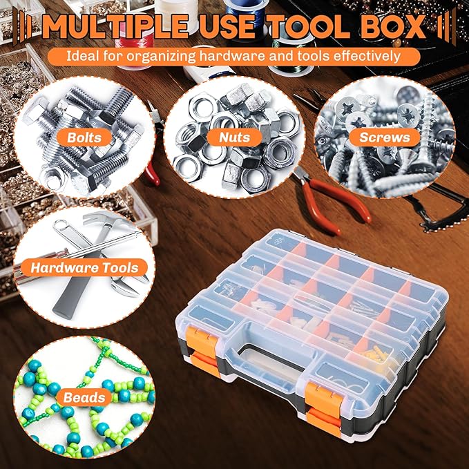 Small Parts Organizer | Storage Case Tools Box Organizer 34-Compartments Double Side Organizer Box with Removable Dividers for Small Hardware, Screws, Bolts, Nuts, Nails, Beads, Jewelry (2)