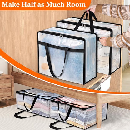 TasticTotes 4 Pack Clear Storage Bags for Comforter, Clothes & Bedding, Plastic Blanket Storage with Zipper and Handle, Moving Bags, Closet Organizer and Under-Bed Storage (90L)