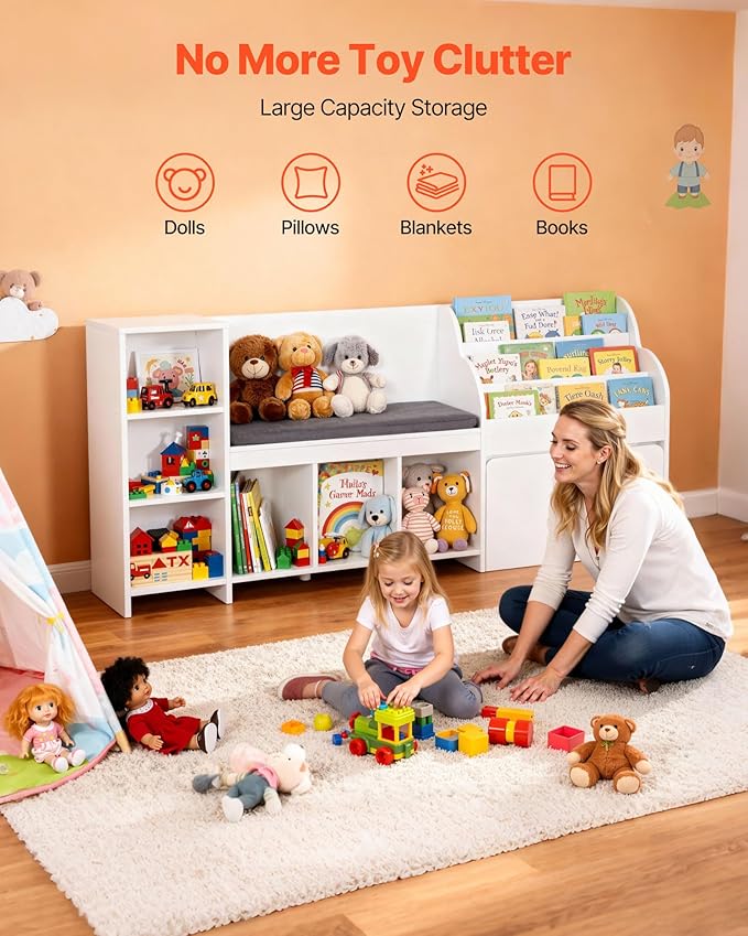 VEVOR Kids Reading Nook, Wooden Storage Bench with Backrest, Kids Bookshelf & Toy Organizer, Large Toy Box Chest for Playroom, Living Room or Entryway, Easy Assembly, 66.9 x 15.8 x 31.5 in, White