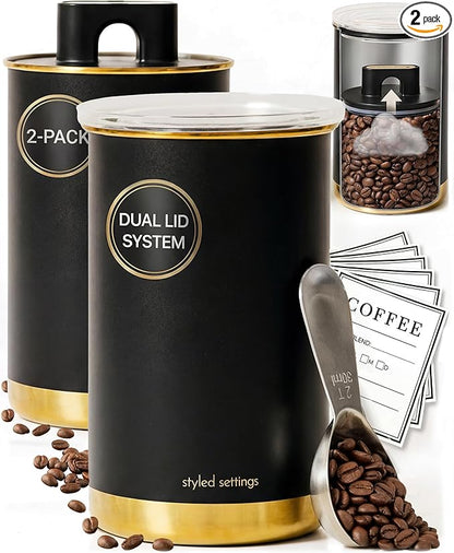STYLED SETTINGS Coffee Bar Canisters Set of 2 – Vacuum Coffee Canisters with Airtight Lids & Scoop, Black & Gold Stainless Steel Food Storage Containers for Beans or Grounds – Coffee Lover Gifts