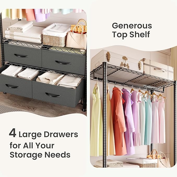 Clothes Rack with 4 Fabric Storage Drawers and Adjustable Shelves, 3-Tier Heavy-Duty Garment Rack Portable Clothes Hanger Closet Organizers for Bedroom Dorm Apartment, 71.5"H x 35.2"W x 15.4"D