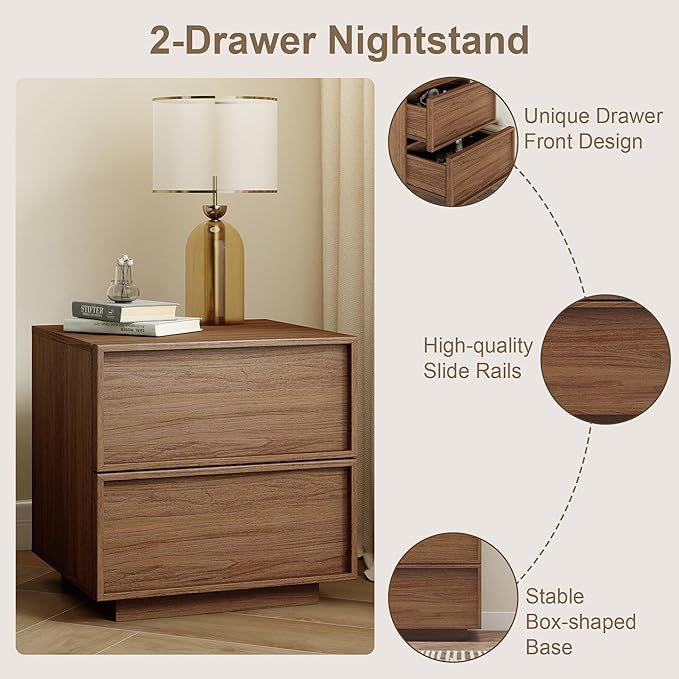 RYWI11OUSE Wooden Nightstand with Storage,Modern Night Stand with 2 Drawers, Bedside Table for Bedroom, Walnut