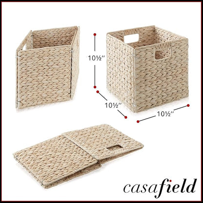 Casafield 10.5" x 10.5" Hyacinth Storage Baskets, Whitewash - Set of 4 Storage Organizers, Woven Wicker Cubes for Bathroom, Bedroom, Laundry, Shelves