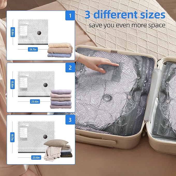 AFAITH Travel Vacuum Storage Bags with Rechargeable Smart Display USB Pump, 15 Pack Size Compression Packing Bags, Space Saver for Clothes & Travel Accessories Includes Clips & Travel Lock Mode