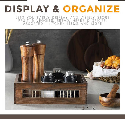 Wooden Nesting Countertop Baskets Set of 3 for Kitchen, Bathroom, Pantry|Wooden storage organizer For Fruit, Vegetables, Produce, Bread|Wooden Crate with handles|Decorative Rustic Wood and Metal Wire