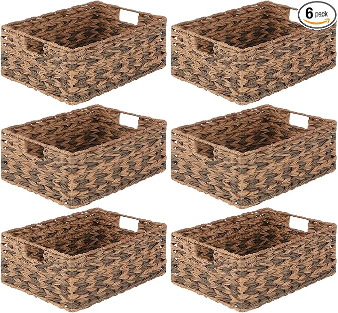 mDesign Woven Farmhouse Kitchen Pantry Food Storage Organizer Basket Bin Box - Container Organization for Cabinets, Cupboards, Shelves, Countertops - Store Potatoes, Onions, Fruit, 6 Pack, Brown Ombre