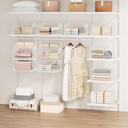 SWTYMIKI Hanging Closet Organizer Storage - 3 Tier Metal Stackable Hanging Closet Shelves with Dividers and S Hooks, Foldable Clothes Shelves for Clothes, Pants, Shoes, Coat, Hats Clutches Accessories