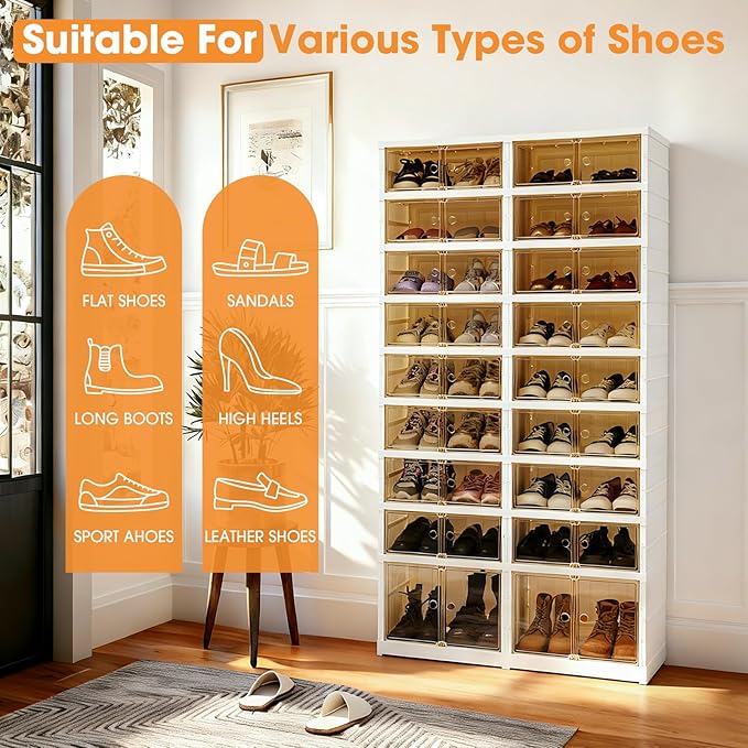 LAFORMO Folding Shoe Rack Storage Device,Large Plastic Folding Shoe Cabinet, Easy to Assemble Shoe Rack Storage Cabinet with Transparent Door Magnetic Buckle(9Tiers,36Pairs)
