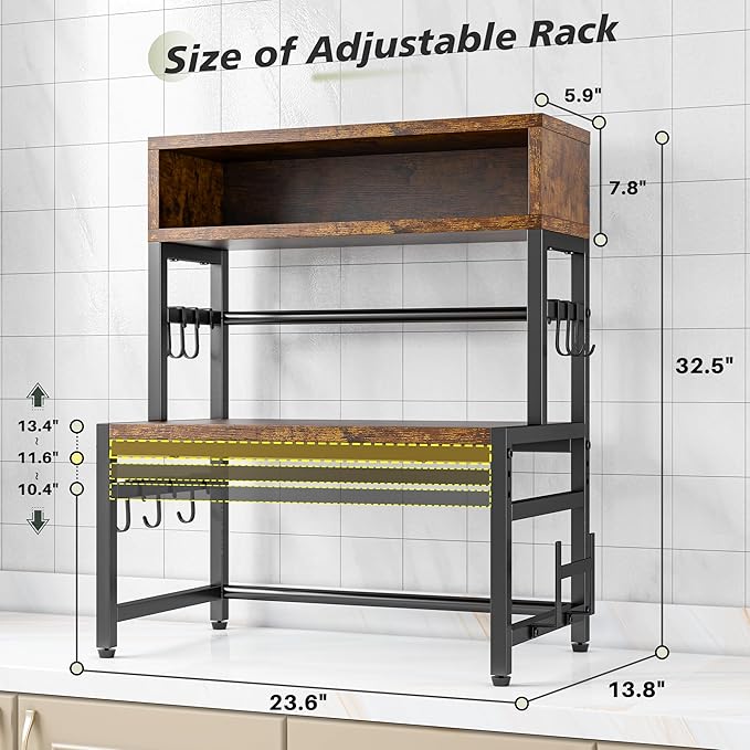 EnHomee Microwave Stand, 4-Tier with 9 Hooks for Kitchen Countertop Organizer, 205LBS Microwave Shelf, Adjustable Kitchen Shelves Microwave Stand with Storage and Microwave Oven Rack (Brown)