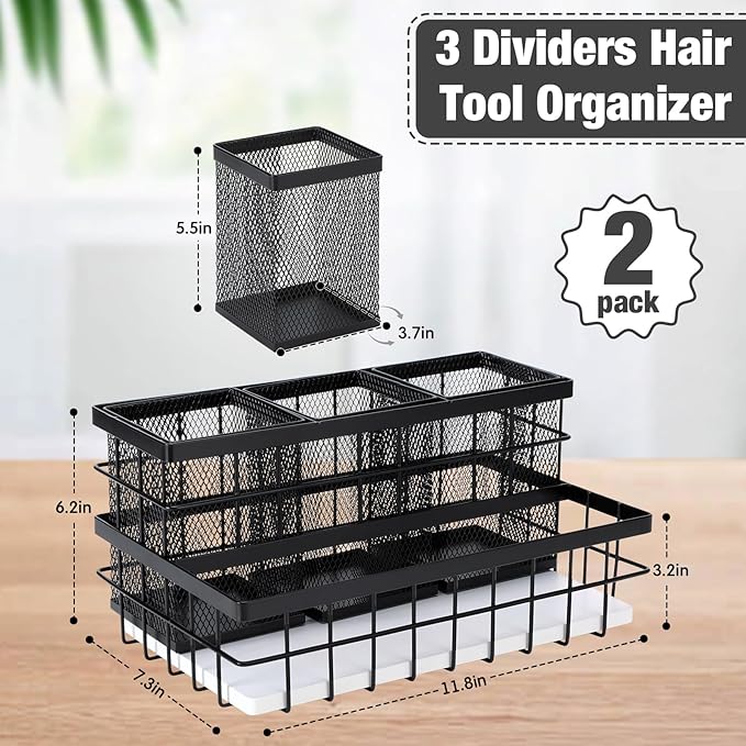 AceOrbit 2 Pcs Hair Tool Organizer Countertop Breathable Metal & Bamboo Hot Tools Organizer Under Sink Bathroom Hair Dryer Holder Countertop Brush Comb Holder,makeup tray (White Bamboo,Black)