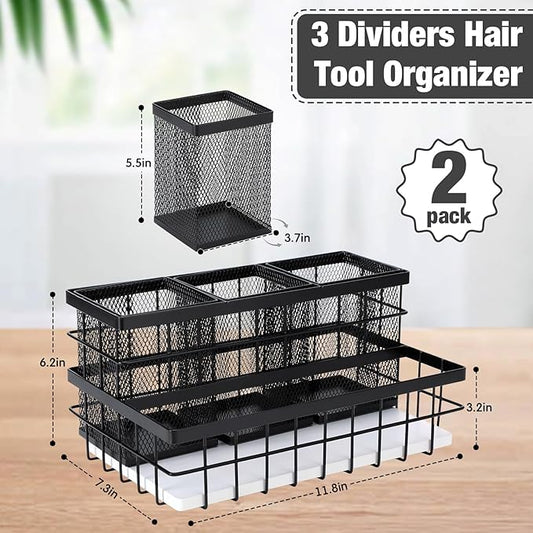 AceOrbit 2 Pcs Hair Tool Organizer Countertop Breathable Metal & Bamboo Hot Tools Organizer Under Sink Bathroom Hair Dryer Holder Countertop Brush Comb Holder,makeup tray (White Bamboo,Black)