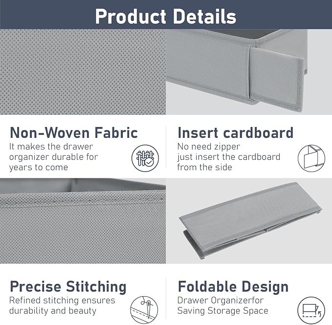 DIMJ Drawer Organizer Clothes - Small Dresser Organizer Underwear Drawer Organizer for Baby Clothes, Socks, Underwear, Bra, Belt, Tie - Grey