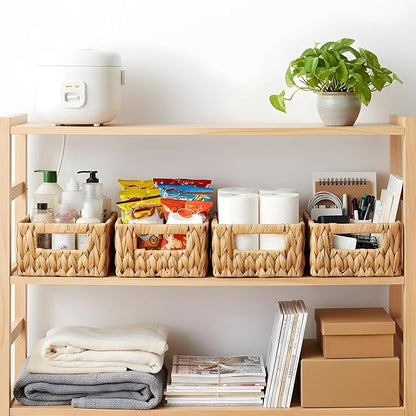 Water Hyacinth Baskets for Shelves Rattan Woven Basket Storage Organizer Bins with Built-in Handles Decorative Shallow Rectangle Pantry Organizers for Organizing Countertop Bathroom