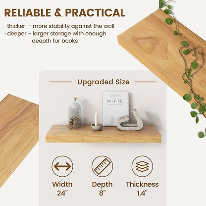 Elm Floating Shelves for Wall Decor, Rustic Solid Wood Shevles Wall Mounted with Invisible Bracket for Living Room Bathroom Bedroom Kitchen, 24 Inch Set of 2, Natural