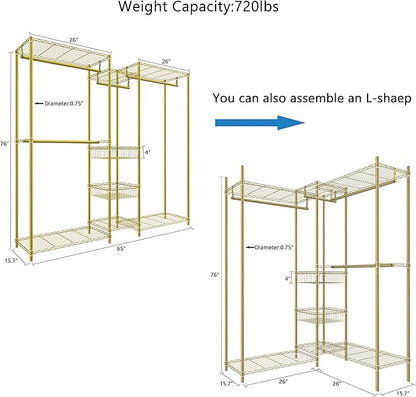 Xiofio 6 Tiers Heavy Duty Clothes Rack, Metal Clothing Rack,Clothing Storage Organizer,Garment Rack with Basket,Hanging Adjustable Garment Rack,65.0" L x 15.7" W x 76.0" H,Max Load 800LBS,Gold