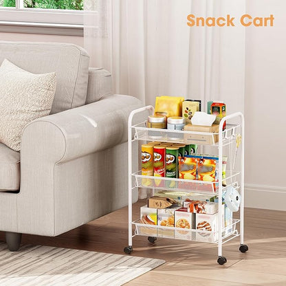 TOOLF 3-Tier Metal Rolling Cart, Mesh Wire Easy Assemble Utility Cart, Storage Trolley on Wheels with 3 Hooks, MetalStorage Shelving Units for Kitchen Bathroom Laundry Room