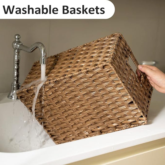 Wicker Baskets 2 Pack, Wicker Storage Basket with Handles, Waterproof Woven Baskets for Organizing, Large Storage Basket 15" and Medium 14", Brown