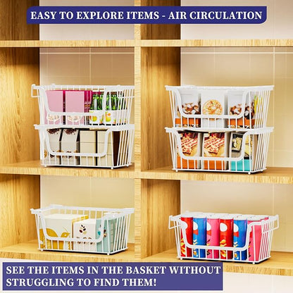 5 Pack Enhanced Leak-Proof Bottom Stackable Wire Baskets, Pantry Organizers and Storage, pantry storage，Shelf Baskets, Fruit Basket, Potato and Onion Storage Bins，(White)