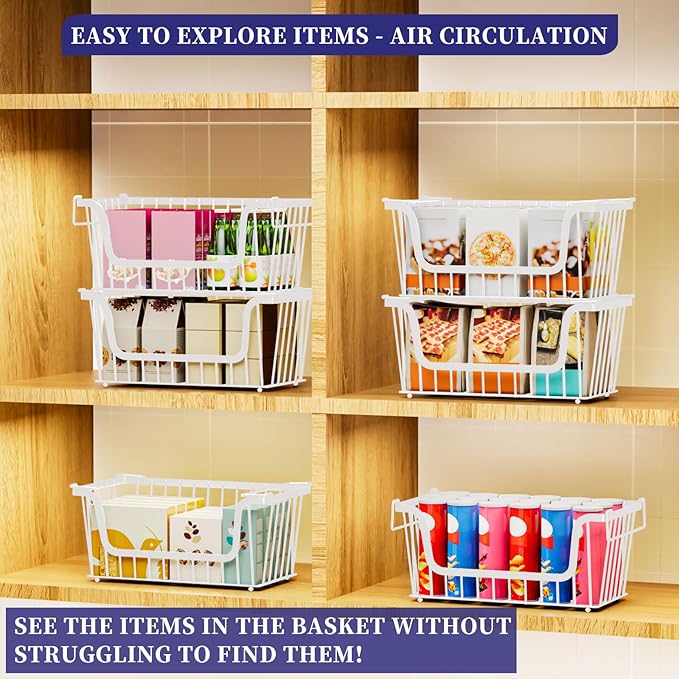 6 Pack Enhanced Leak-Proof Bottom Stackable Wire Baskets, Pantry Organizers and Storage, pantry storage，Shelf Baskets, Fruit Basket, Potato and Onion Storage Bins，(White)