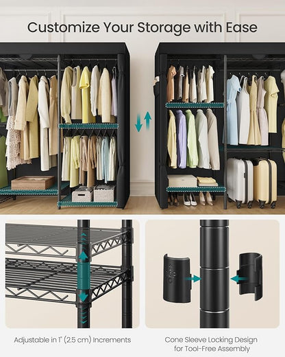 SONGMICS Heavy-Duty Clothes Rack, Garment Rack, Portable Closet, 68.7-Inch Wide Clothing Rack with Adjustable Mesh Shelves and Hanging Rails, Ink Black ULGR435B01