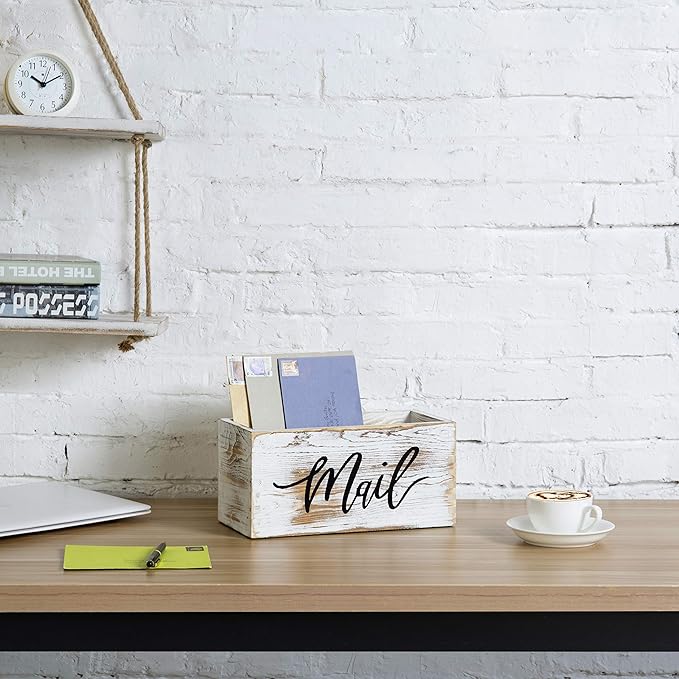 MyGift Mail Holder Storage Organizer Box Whitewashed Wood with MAIL Script Design, Desktop Letters, Bills, Notes and Postcard Bin for Home Office Dorm Room
