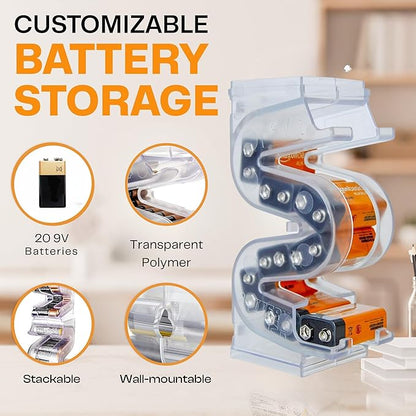 Battery Ladder™ for 9V Batteries | Vertical Storage Case & Dispenser | Stackable Expandable Wall Mount Holder Combo (2-Pack, Holds 20 9V Total)