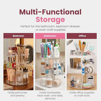 Masirs 360 Rotating Makeup Organizer Countertop - Adjustable Shelf Height - The Perfect Round Spinning Cosmetic Organizer for Bedroom Dresser or Vanity Countertop Storage (Clear)