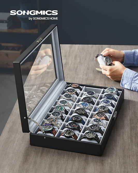 SONGMICS 24-Slot Watch Box, Lockable Watch Storage Case with Glass Lid, Gift Idea, Ink Black Synthetic Leather, Dove Gray Lining UJWB024