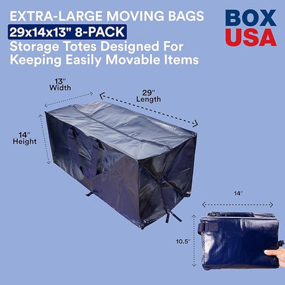 BOX USA Extra Large Moving Bags with Handles (8-Pack) - Heavy Duty 29.1” x 14.2” x 13” Waterproof Storage Bags for Clothes, College, Packing, and Travel – Blue Tote Bag with Zipper Closure