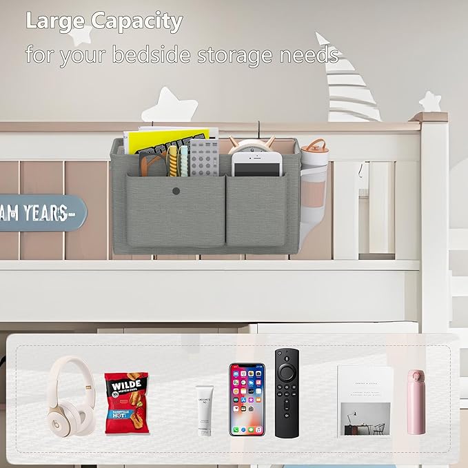 Edudif Bedside Caddy Bedside Organizer with Fixed Straps & Water Bottle Holder, Bunk Bed Caddy ideal for Home, Dorm, Hospital, Crib, Versatile Bedside Storage Solution (Grey 2pcs)