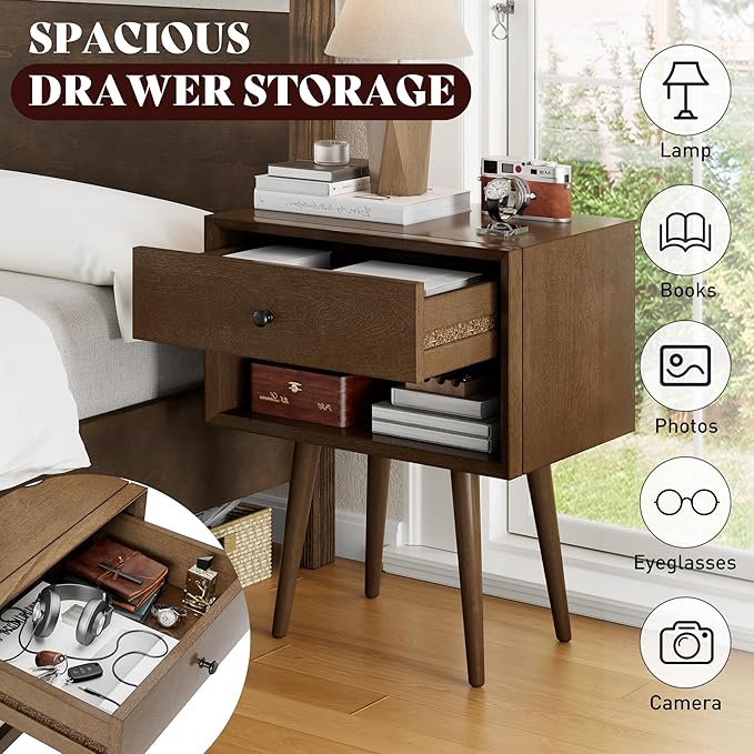 AMERLIFE Solid Wood Nightstand Set of 2, Fully Assembled End Table with Storage Drawer & Open Cubby, Mid-Century Modern Side Table for Bedroom, Walnut