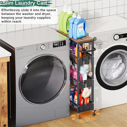 Utility Slim Storage Cart, Skinny Rolling Spice Rack with Table Top, Small Laundry Organizers and Storage Shelves for Between Washer and Dryer, Thin Shelf for Narrow Spaces, 4 Tier Bathroom Cabinet