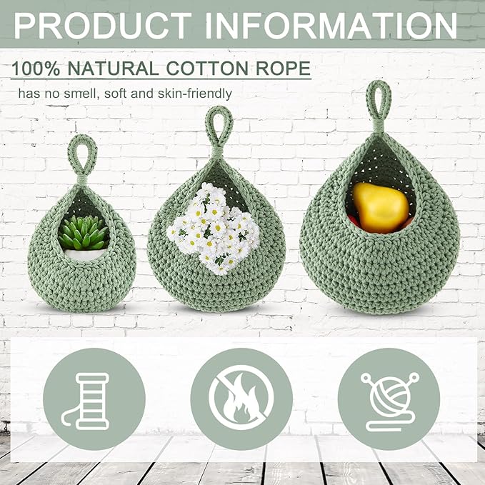 Honeydak Boho Decor Hanging Wall Baskets for Kitchen 3 Pack Teardrop Baskets with Hooks Storage Fruit Onion Vegetable Potato for Home 3 Sizes(Light Green,Cotton Rope)